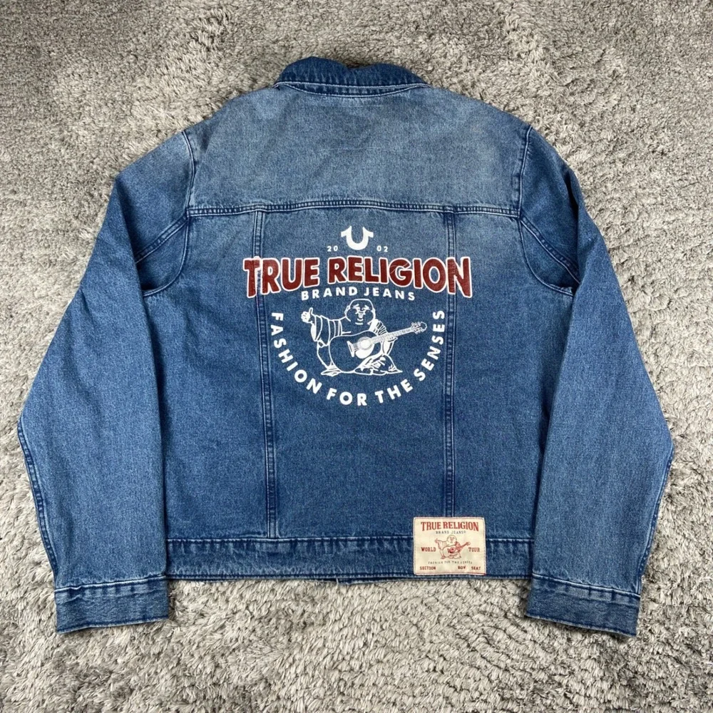 True Religion Print Single Needle Denim Jacket Men L Blue Quartz Wash Jean New